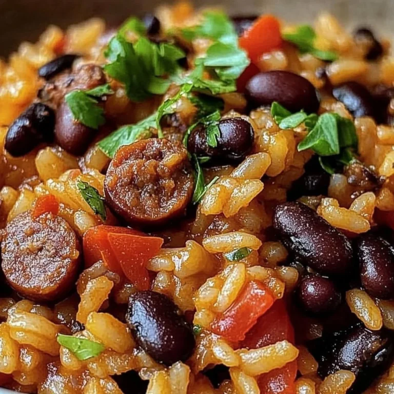 Delicious black beans and rice with sausage served in a bowl