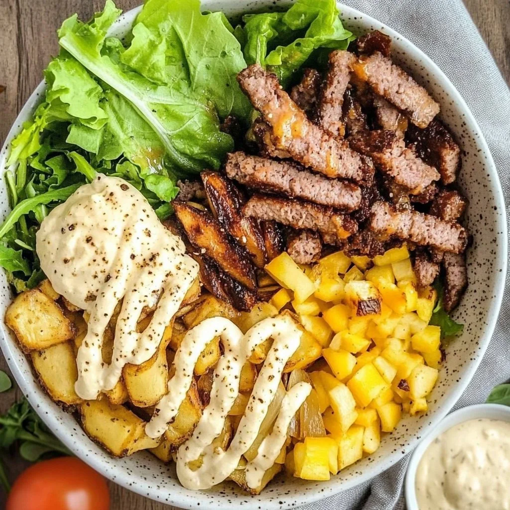 A vibrant burger bowl topped with fresh vegetables and a juicy patty.
