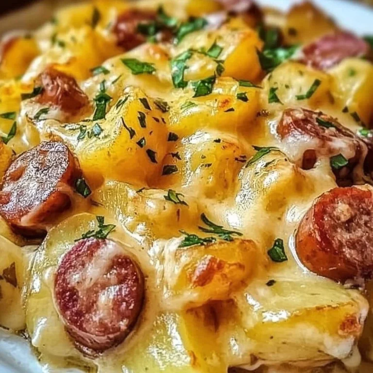 Delicious Cheesy Ranch Potatoes served with smoked sausage on a plate