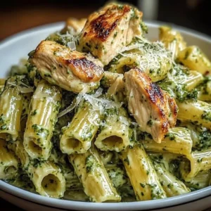 Creamy pesto chicken pasta dish garnished with fresh basil and parmesan cheese.