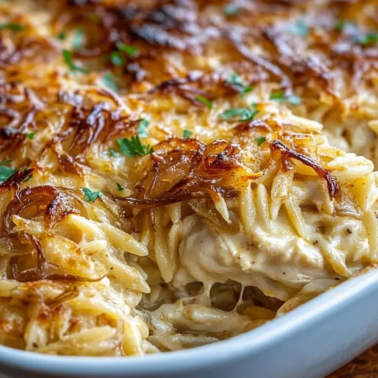French onion chicken orzo casserole in a serving dish.