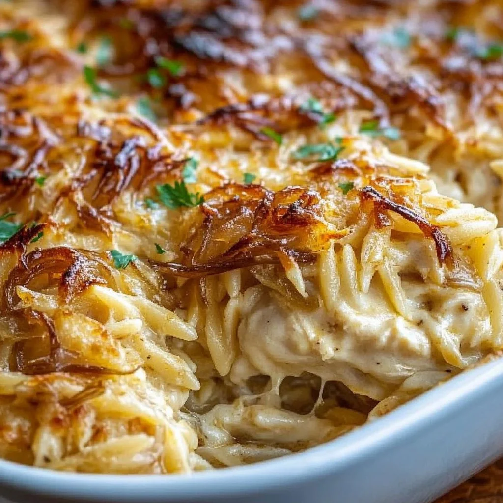 French onion chicken orzo casserole in a serving dish.