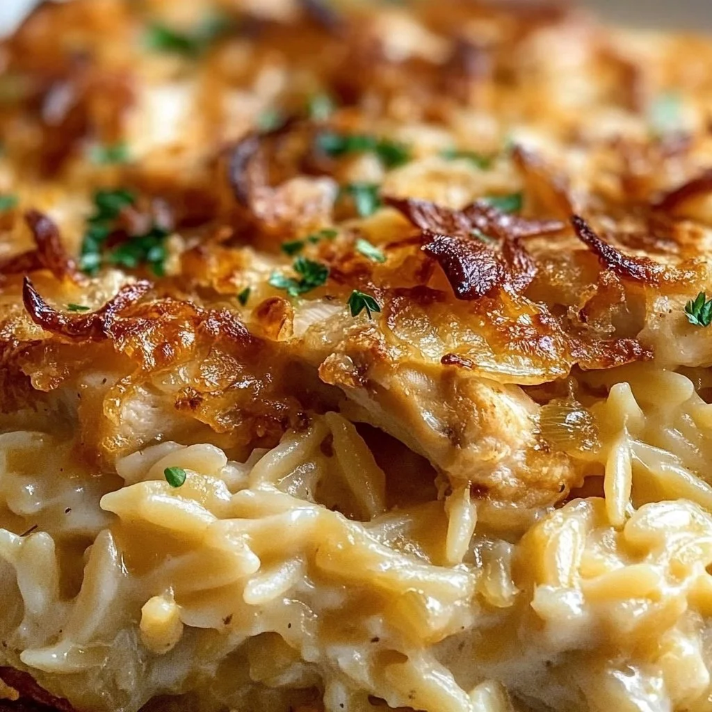 French Onion Chicken Orzo Casserole