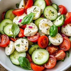 Juicy Cucumber Caprese Salad featuring fresh cucumbers, mozzarella, and basil.