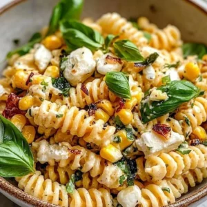 Delicious Juicy Street Corn Pasta Salad with colorful ingredients in a bowl