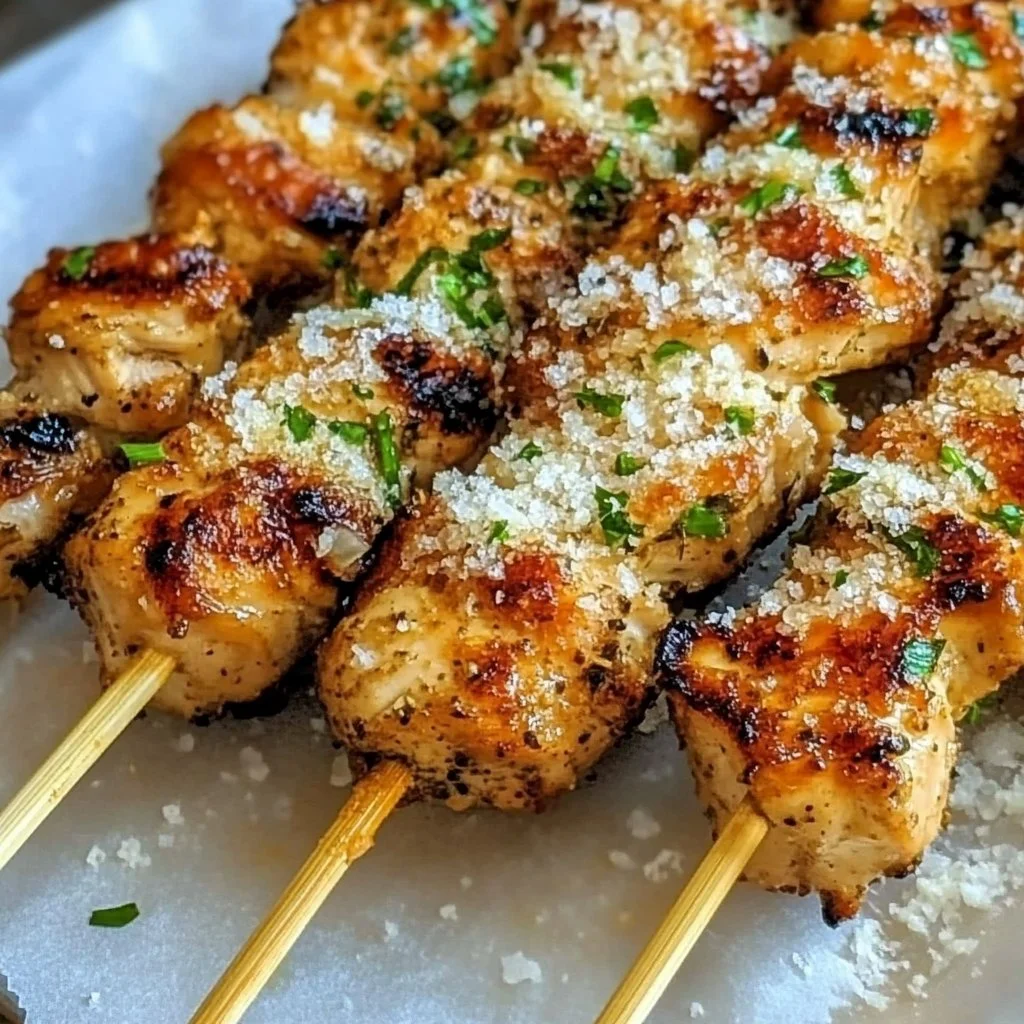 Ranch Garlic Parmesan Chicken Skewers grilled and ready to serve