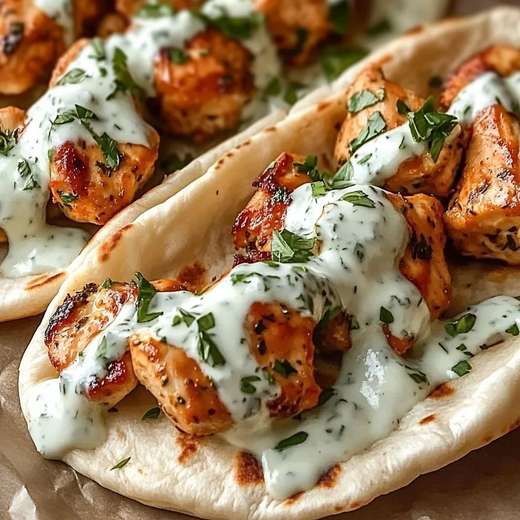 Sheet pan chicken pitas served with herby ranch dressing on a wooden table.