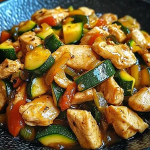Delicious chicken zucchini stir fry on a plate with colorful vegetables.