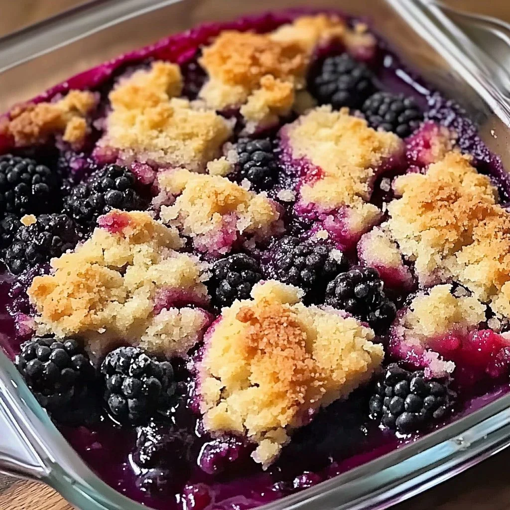 Delicious mulberry dump cake served in a dish with fresh berries on top.