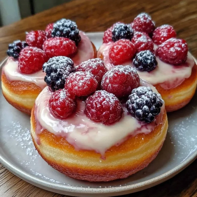 Delicious berry cream donuts topped with fresh berries and cream glaze