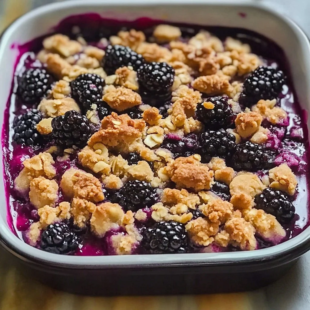 Delicious blackberry crisp served in a rustic dish, topped with crumbly oat topping