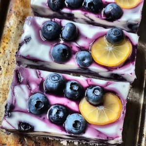 Irresistible blueberry lemon yogurt bark on a plate with fresh blueberries