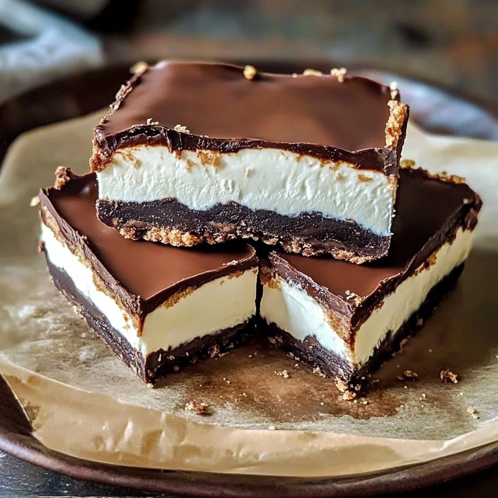Irresistible chocolate vanilla cream pie bars stacked on a plate