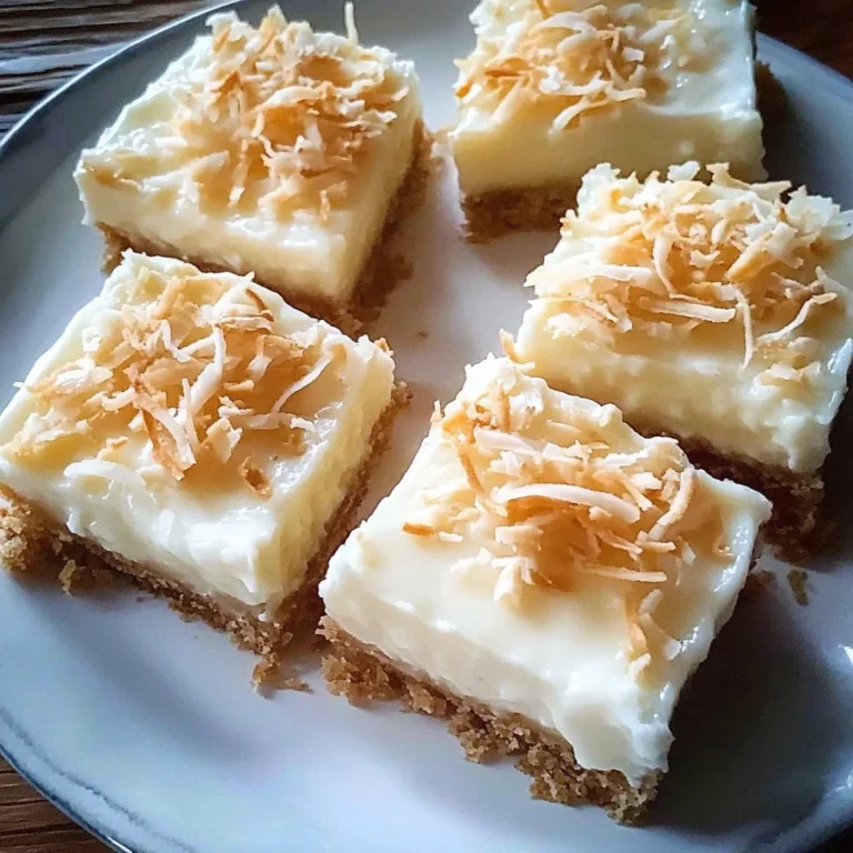 Delicious Coconut Cream Pie Bars topped with coconut flakes