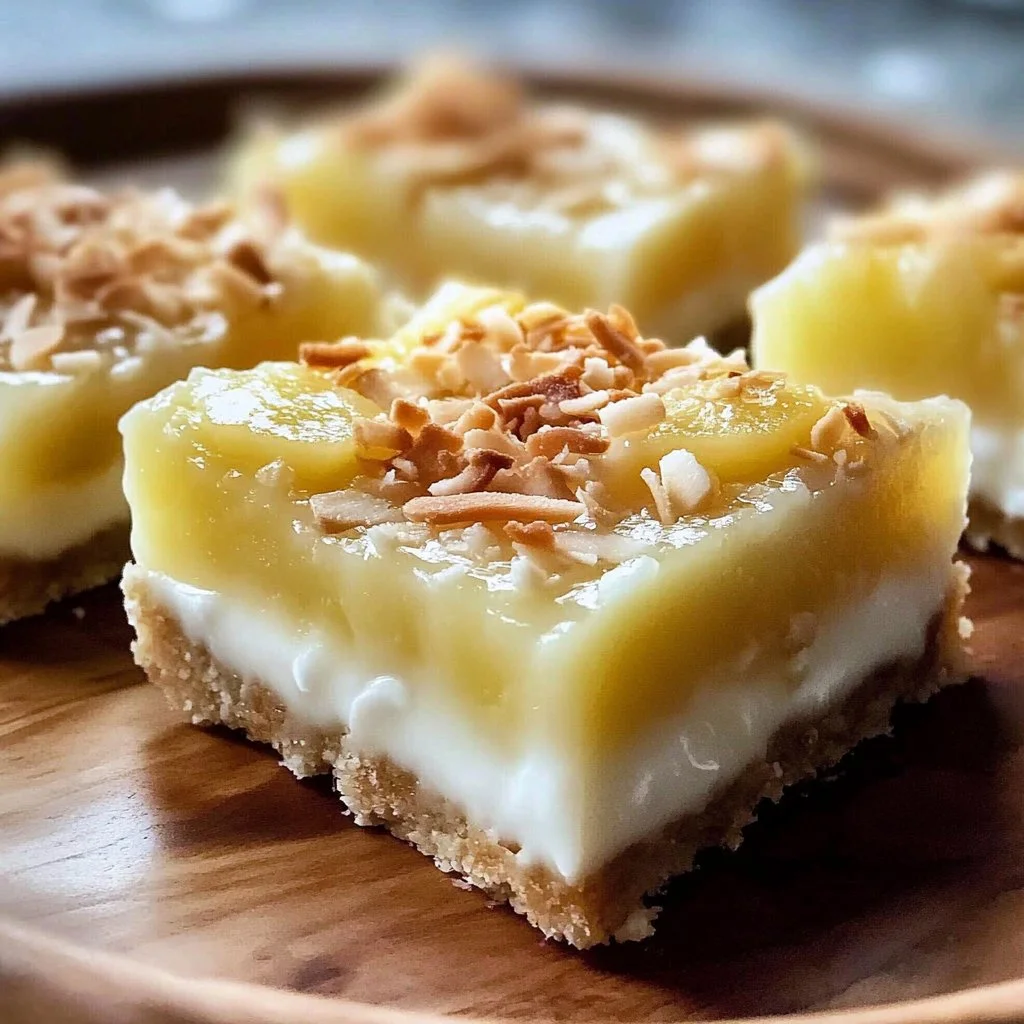 Delicious coconut pineapple cream pie bars served on a dessert plate