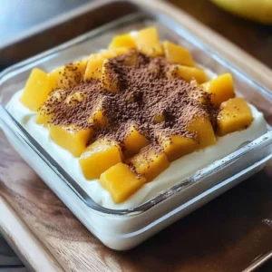 Delicious homemade Mango Tiramisu served in a glass dish with fresh mango slices on top.