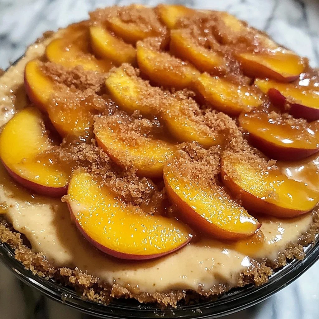 Delicious peach cobbler cheesecake topped with fresh peaches and crumble.