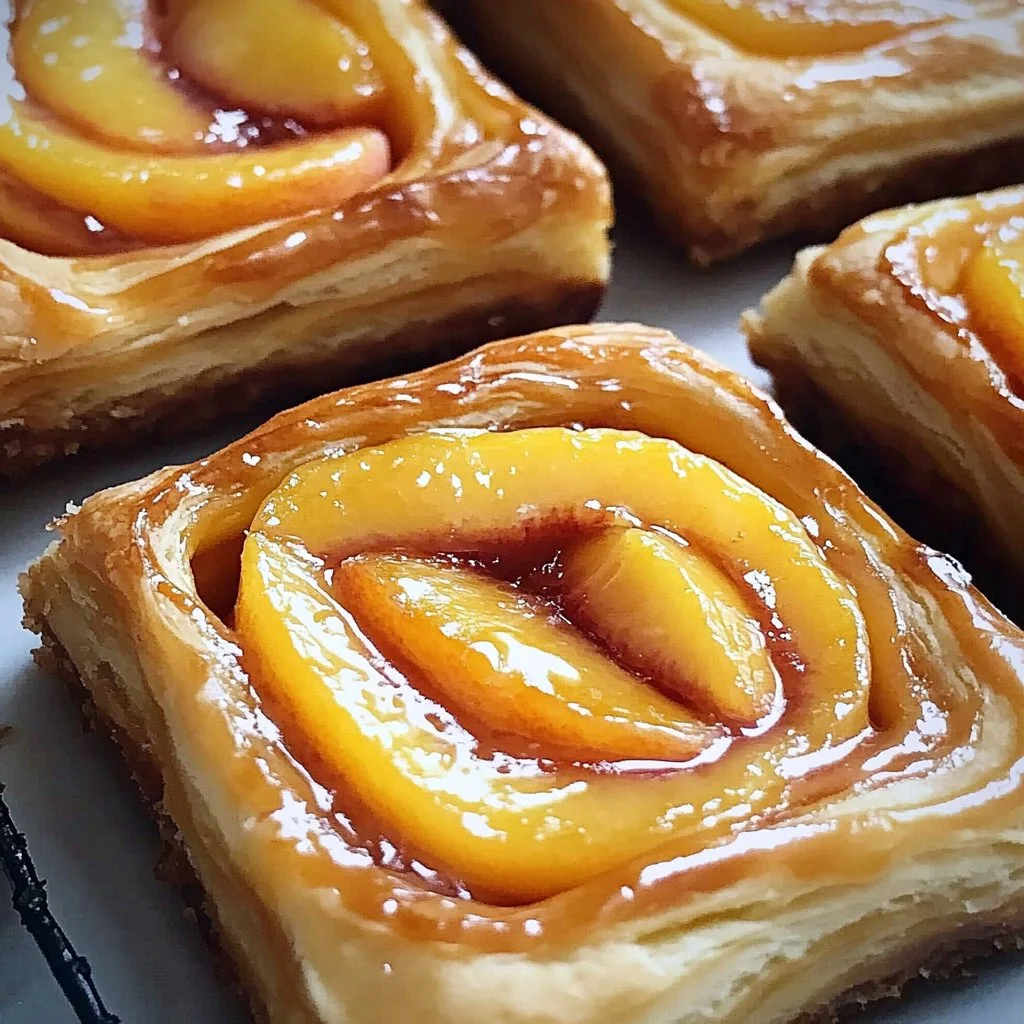 Irresistible Peach Danish pastry topped with fresh peaches and creamy filling