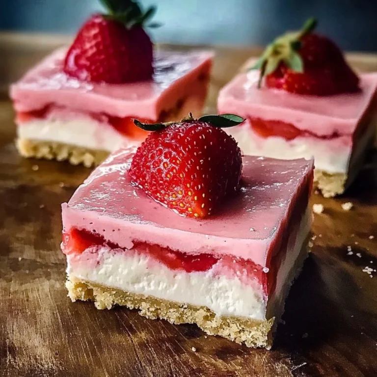 Delicious strawberry mousse cheesecake bars topped with fresh strawberries