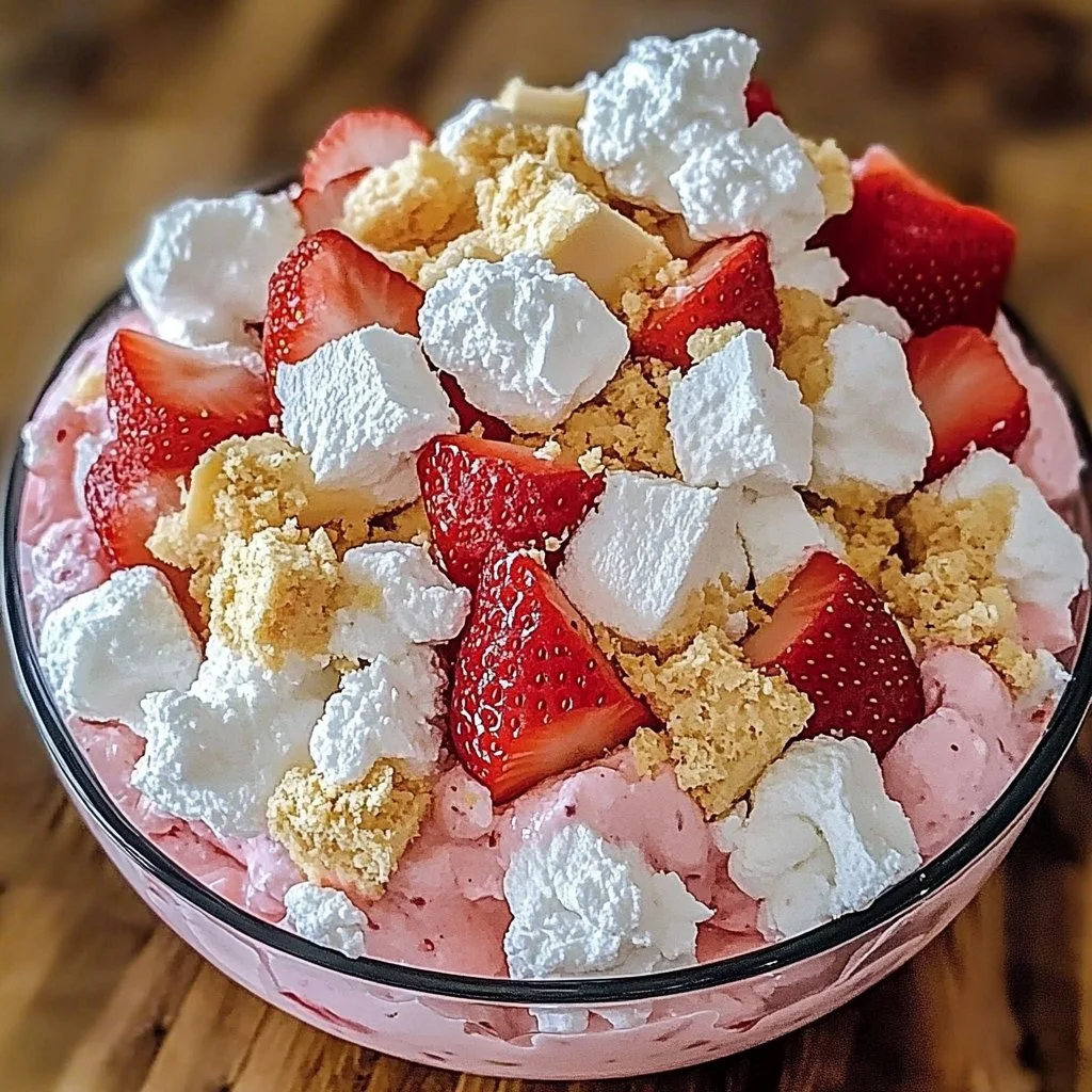 Bowl of Strawberry Shortcake Fluff Salad with fresh strawberries and whipped cream