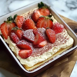 Delicious strawberry tiramisu dessert with fresh strawberries and creamy layers