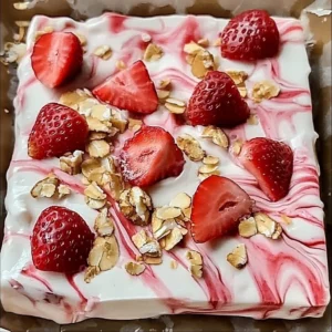 Delicious strawberry yogurt bark topped with fresh strawberries and nuts