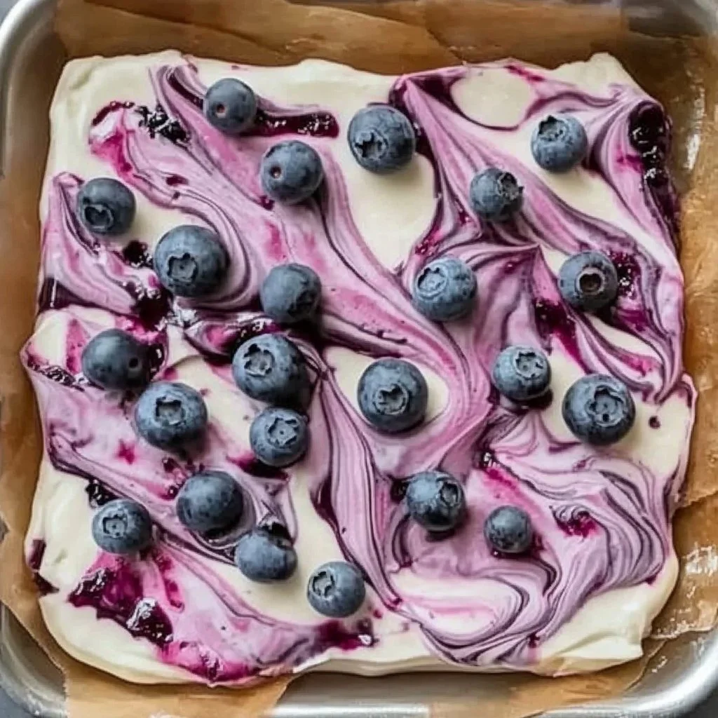 Blueberry cheesecake yogurt bark topped with fresh blueberries