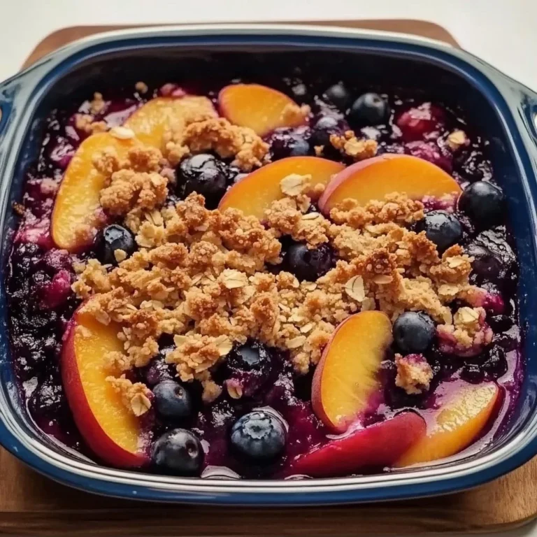 Delicious blueberry peach crisp topped with a golden crumble
