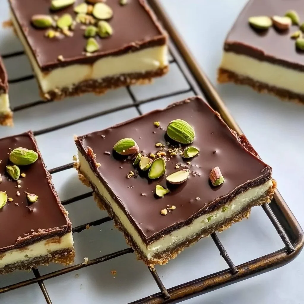 Delicious Chocolate Pistachio Cream Pie Bars garnished with nuts