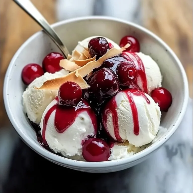 Coconut ice cream drizzled with cherry sauce in a bowl