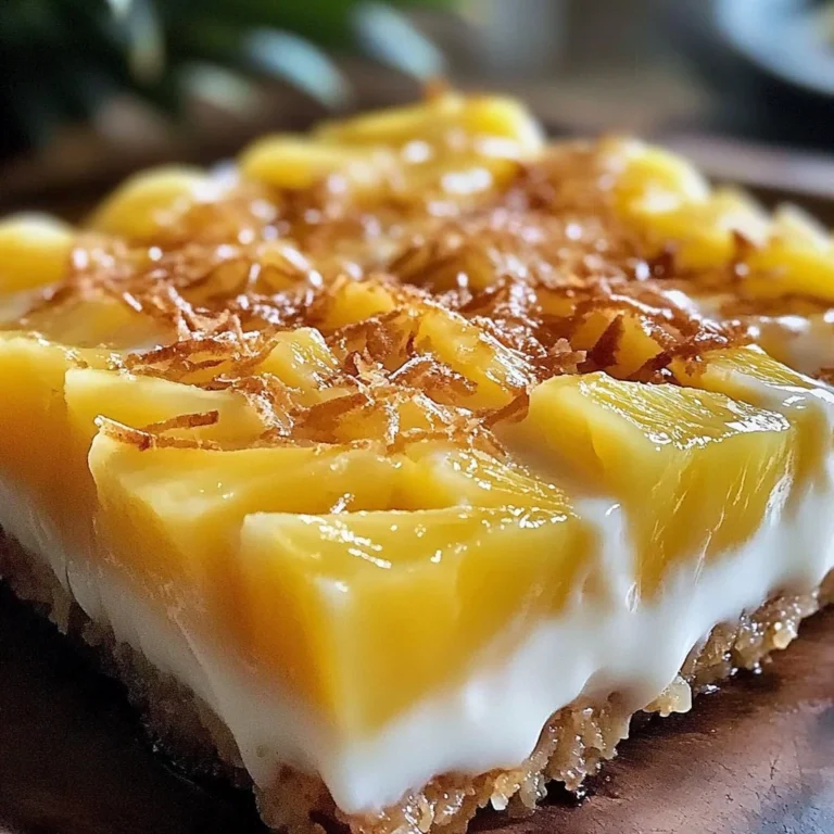Delicious Pineapple Lush dessert topped with whipped cream and pineapple slices.