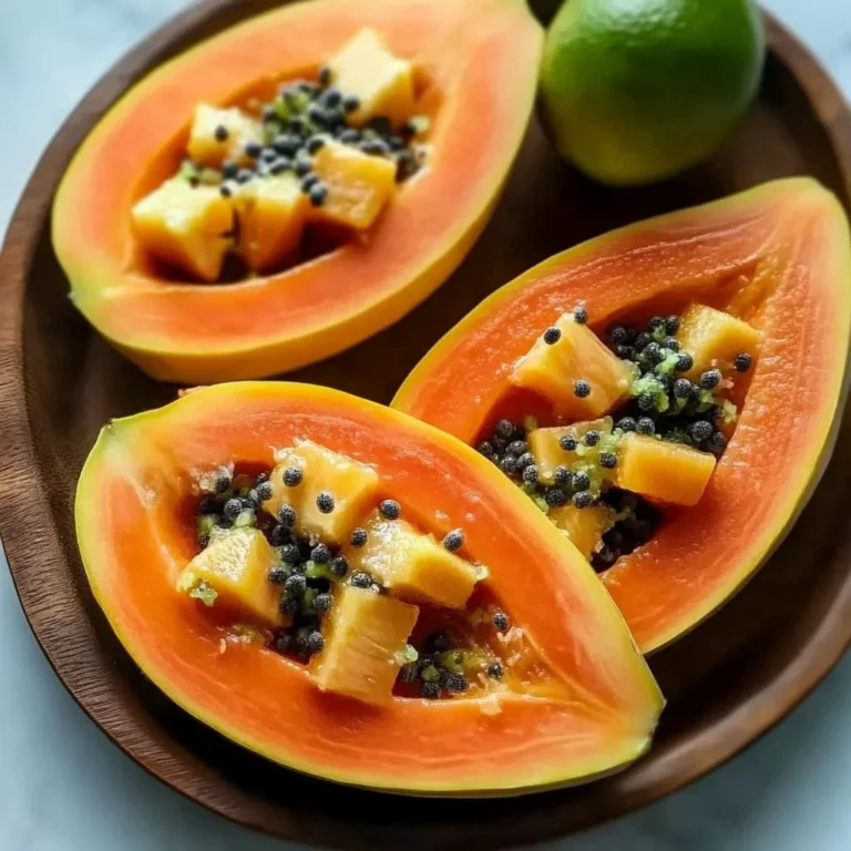 A vibrant dish of papaya lime boats filled with fresh ingredients and garnishes.