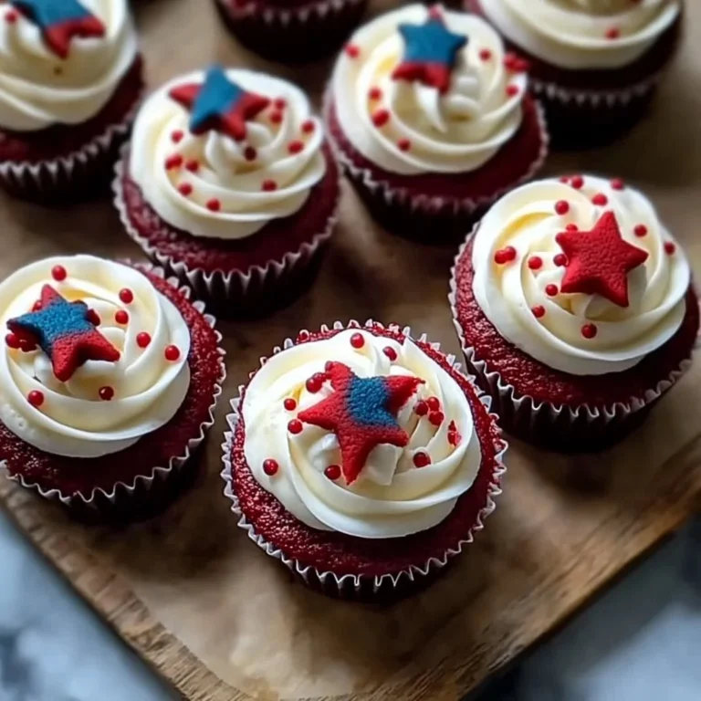 Patriotic red velvet cupcakes decorated with white frosting and blue sprinkles
