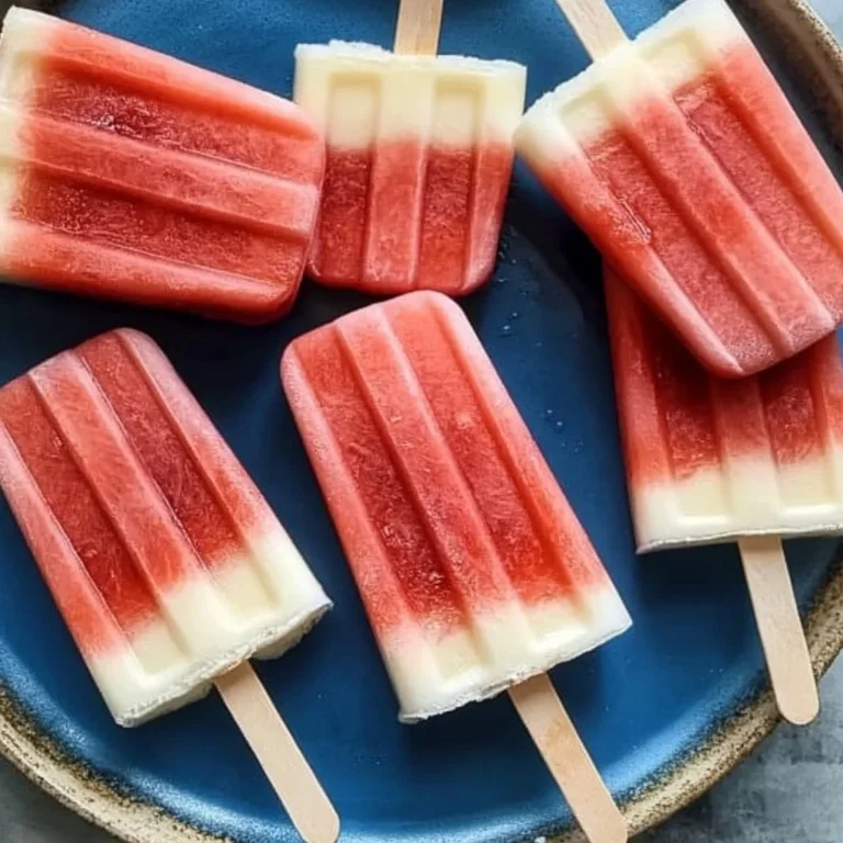 Colorful patriotic watermelon popsicles on a wooden table for summer enjoyment.
