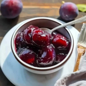 Homemade plum jam in a jar with plums and toast