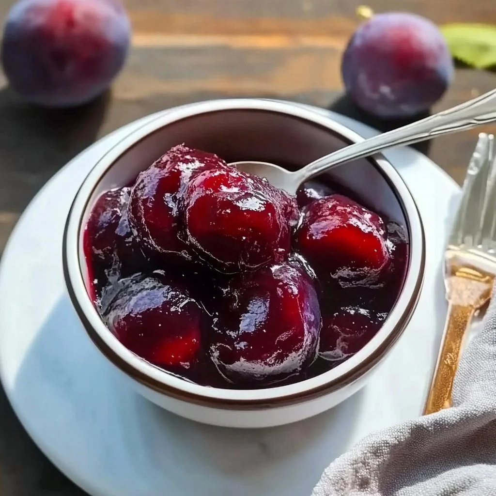 Homemade plum jam in a jar with plums and toast