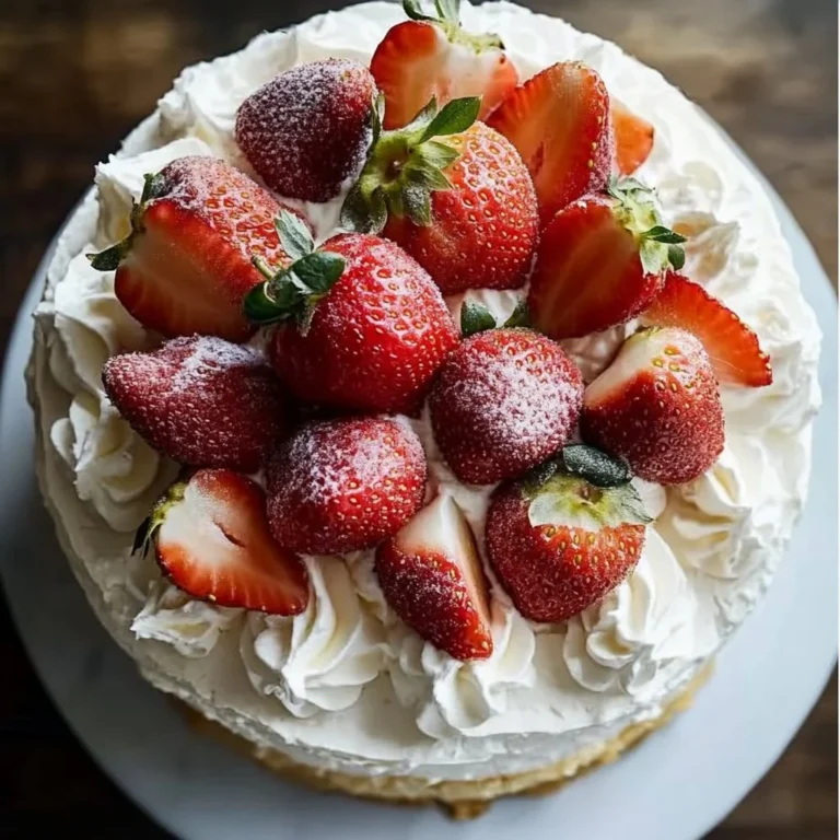 Delicious strawberry shortcake cake topped with mascarpone and fresh strawberries.