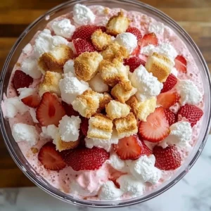 Strawberry Shortcake Fluff Salad in a bowl with fresh strawberries